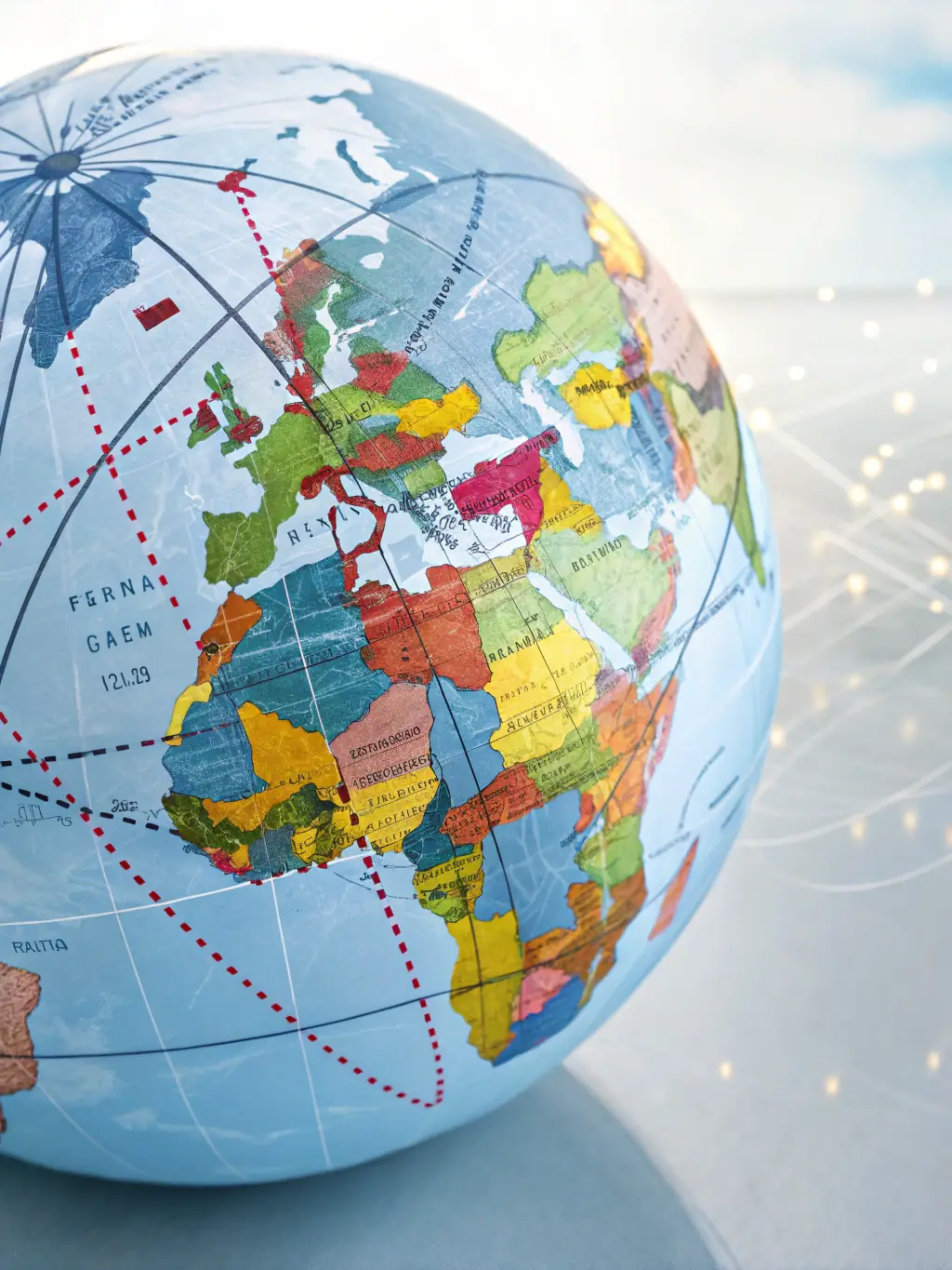 A sleek graphic illustrating the global reach of RM Performance Cars, with arrows connecting major continents and highlighting key trade routes.