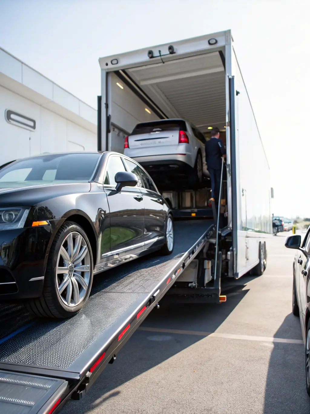 A high-quality photograph of a luxury car being loaded onto a cargo ship, symbolizing international vehicle transport.